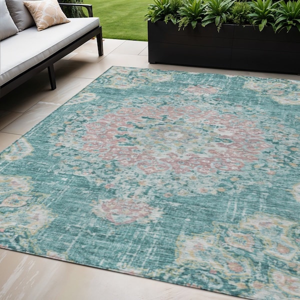 Homeroots 5' X 8' Teal Blue Floral Medallion Washable Indoor Outdoor Area Rug 607855 - main