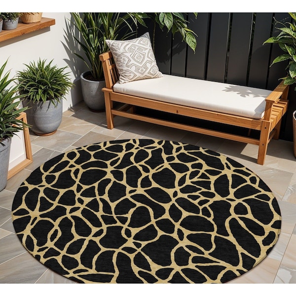 Homeroots 8' Black And Gold Round Geometric Washable Indoor Outdoor Area Rug 599180 - main