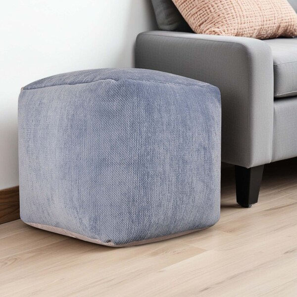 Homeroots 18" Blue Chenille Cube Pouf Ottoman 534106 - main