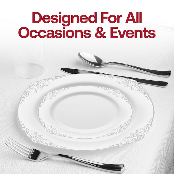 Smarty Had A Party 10.25" White with Silver Fancy Round Disposable Plastic Dinner Plates, 120PK 8880-WHS-CASE - main