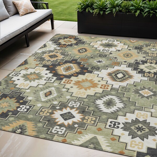 Homeroots 5' X 8' Fern Green Gold And Charcoal Southwestern Washable Indoor Outdoor Area Rug 632264 - main