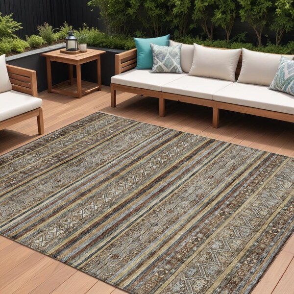 Homeroots 10' X 14' Brown Denim Blue And Beige Southwestern Washable Indoor Outdoor Area Rug 615955 - main