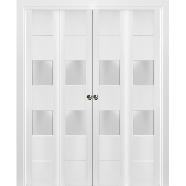 Sartodoors Sliding Closet Double Bi-fold Doors, Lucia 4010 White Silk with Frosted Glass, Sturdy Tracks Moldin LUCIA4010DBF-WS-96 x 80 (4* 24x80) - main