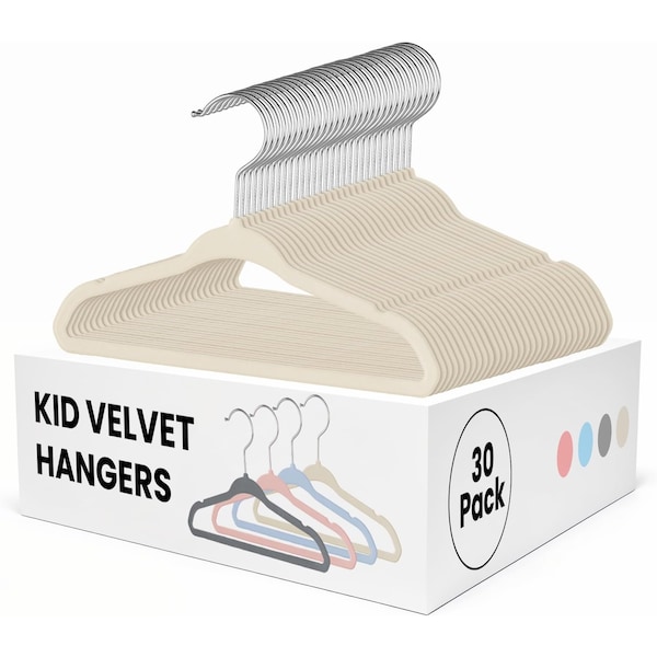 Simple Deluxe Kids Velvet Hangers, 11 Inch Durable Children Hangers for Closet, Beige White, 30PK HKHANGVELVETKID30WHT - main