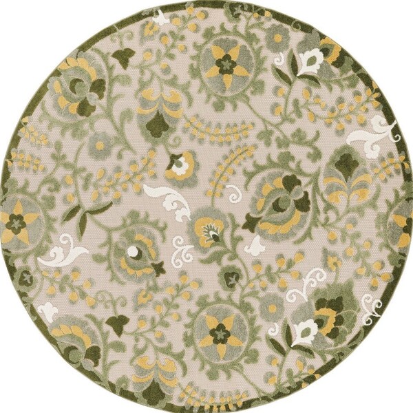 Homeroots 5' Ivory Green Dark Green And Yellow Round Floral Indoor Outdoor Area Rug 548142 - main