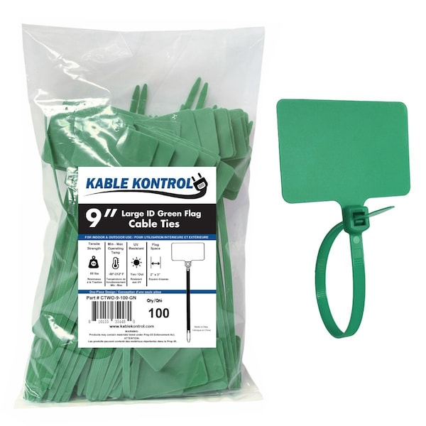 Kable Kontrol Identification & Tamper Proof Cable Zip Ties, 9 in L, Green, Nylon Co-polymer, 80 lbs Strength CTWO-9-100-GN - main