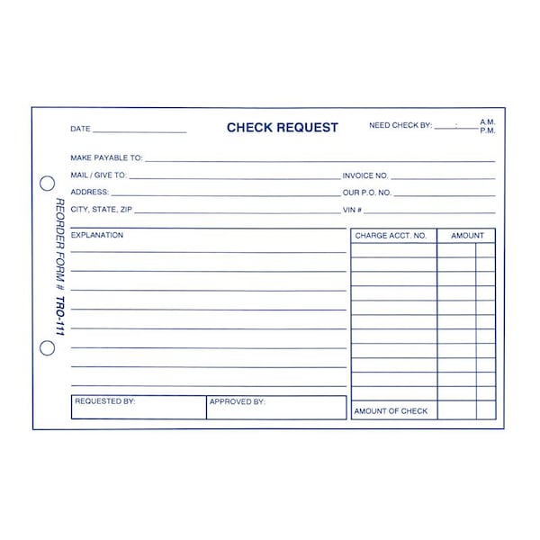 Asp Check Request Form, 8 1/2" X 5 1/2", 100 Per Pad Pk 555 | Zoro