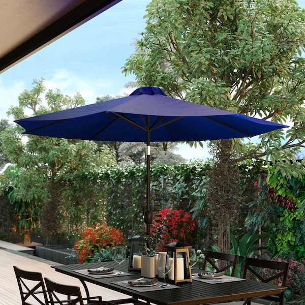 9 ft steel crank and tilt patio umbrella in cafe AreShark for Outdoor, Outdoor Table Umbrella with Push Button Crank, Outdoor Patio Umbrellas with 8 Sturdy Ribs for Market, Garden, Pool (Beige) : Patio and the push Navy 9 FT Round Umbrella