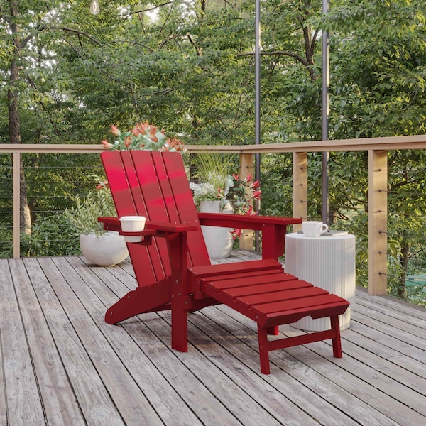 Flash Furniture Red Adirondack Chair with Ottoman and Cupholder LE