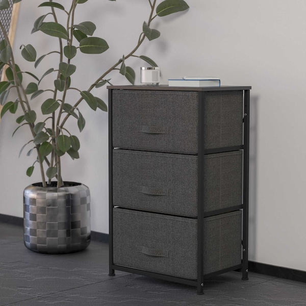 Flash Furniture 3 Drawer Wood Top Black Cast Iron Frame Vertical Storage Dresser with Dark Gray Easy Pull Fabric Drawers