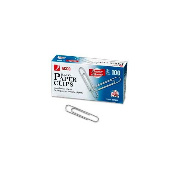 Acco Jumbo Paper Clips, Smooth, 100 Per Pack