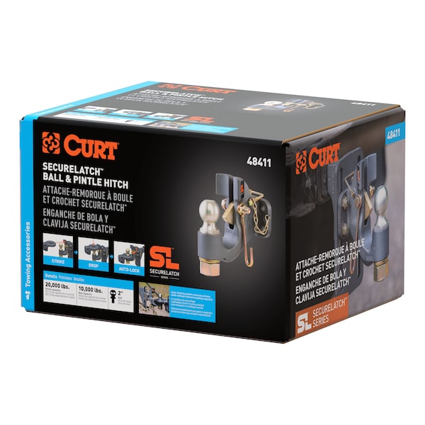 20,000 Pounds CURT 48411 SecureLatch 2-Inch Ball and Pintle Hitch Hook Combination Mount Required