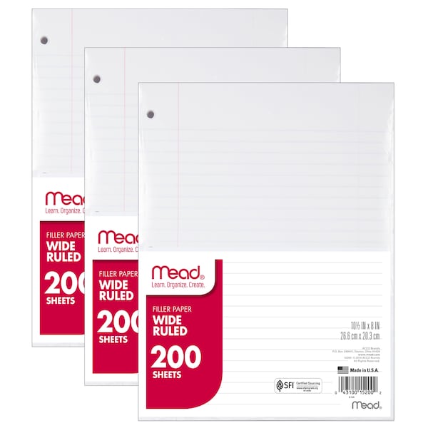 Mead Notebook Filler Paper, Wide Ruled, 200 Sheets Per Pack, PK3 ...