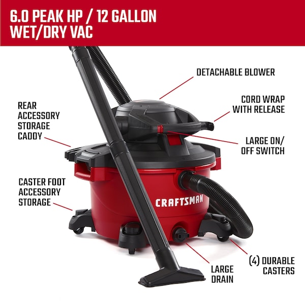 Craftsman 12 Gallon 6.0 Peak HP Wet/Dry Vacuum with Detachable