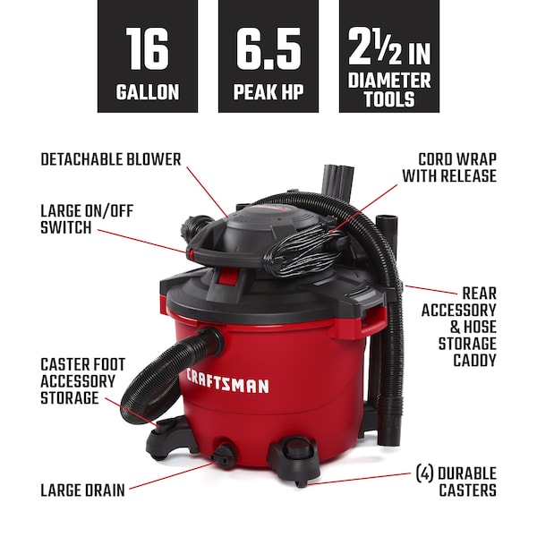 Craftsman 16 Gallon 6.5 Peak HP Wet/Dry Vacuum with Detachable