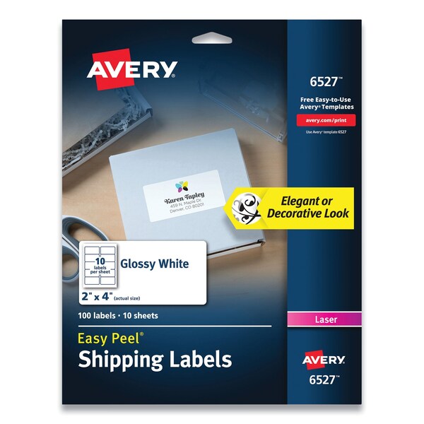 Glossy White Easy Peel Mailing Labels with Sure Feed Technology, Laser Printers, 4 x 2, White, 100PK