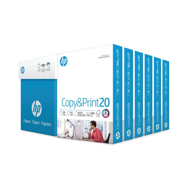 HP Papers CopyandPrint20 Paper, 92 Bright, 20lb, 8.5 x 11, White, 400 Sheets/Ream, 6 Reams/Carton