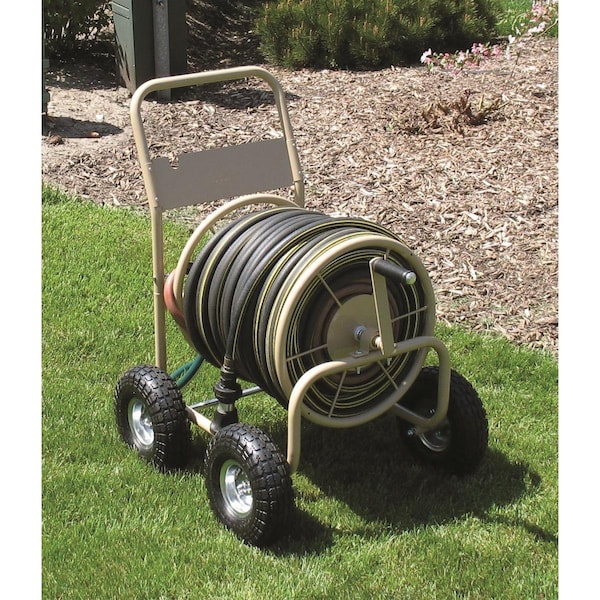 Liberty CommercialDuty Steel Garden Hose Reel Cart, 4 Wheel, Tan