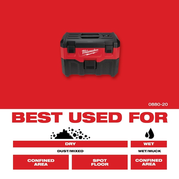 MILWAUKEE M18 Wet/Dry Vacuum (0880-20) | Zoro