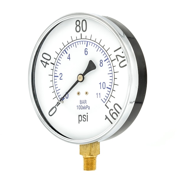 Pic Gauges Air Gauge, 4-1/2", 0-160 psi, 1/4" Mount, 4 1/2 in Dial, 1/4 in NPT Male Lower Location 101D-454F - main