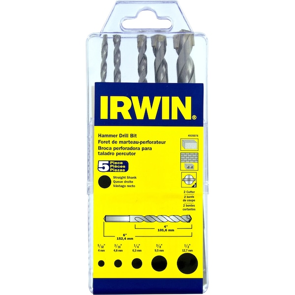 Irwin Masonry Drill Bit, 5 Pc Set 5/32", 3/16", 1/4", 3/8", 1/2" x 6.