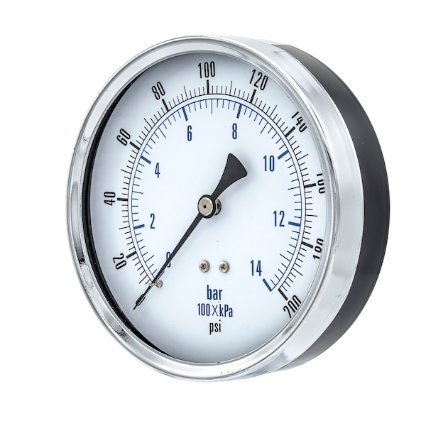Pic Gauges Air Gauge, 4-1/2", 0-200 psi, 1/4" CBM, 4 1/2 in Dial, 1/4 in NPT Male Center Back Location 102D-454G - main