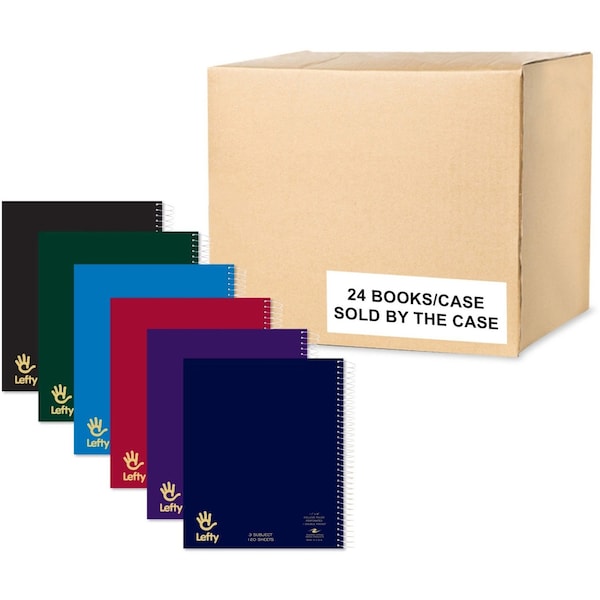 Roaring Spring Case of Lefty WB Left Handed Notebooks, 3 Sub, 11"x9", 120 sht, Right Side Wire, Asstd Colors, PK24 13506CS - main