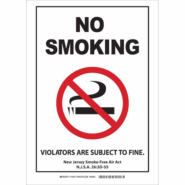 Brady No Smoking Sign, 14 in H, 10" W, Rectangle, English, 110972 110972 - main