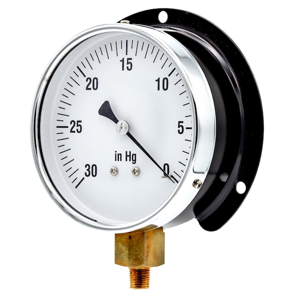 Pic Gauges Gauge, 4-1/2", 30/0 VAC, 1/4"LM, Back Flange, 6 in Dial, 1/4 in NPT Male Bottom Location 115D-454A - main