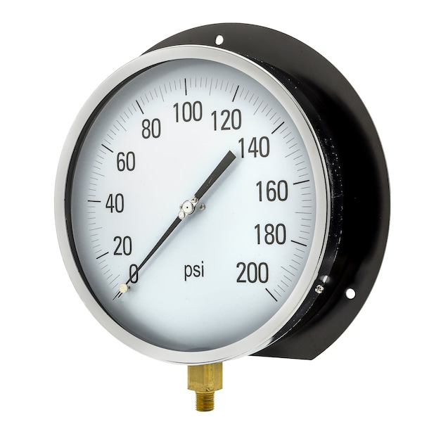 Pic Gauges Gauge, 8.5", 0/200psi, 1/4"LM, Back Flange, 8 1/2 in Dial, 1/4 in NPT Male Bottom Location 115D-854G - main