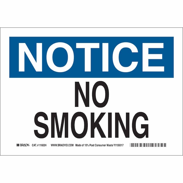 Brady No Smoking Sign, 7" H, 10" W, Plastic, Rectangle, English, 116188 116188 - main