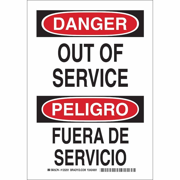 Brady Danger/Peligro, Out Of Service/Fuera De Servicio, 10" W x 14" H, Rectangle, Aluminum, 125292 125292 - main