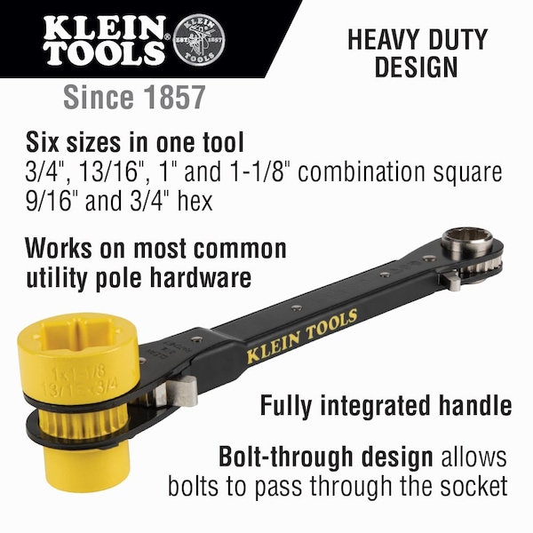 Klein Tools 6-in-1 Lineman's Ratcheting Wrench, Heavy-Duty