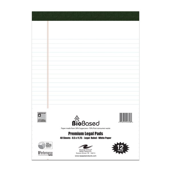 Roaring Spring Bio-Preferred Legal Pads, White P, PK288 24326PL