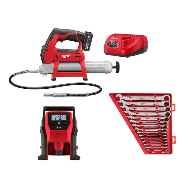 Milwaukee Tool M12 Grease Gun Kit w/ M12 Inflator & 15 PC Ratcheting