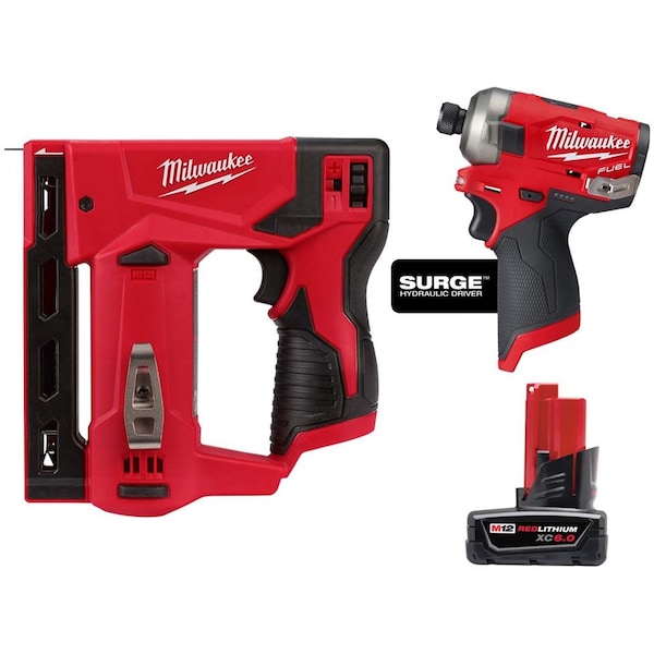 Milwaukee Tool M12 FUEL SURGE 1/4" Hex Hydraulic Driver + M12 3/8" Crown Stapler + M12 XC6.0 Battery 2447-20, 2551-20, 48-11-2460 - main