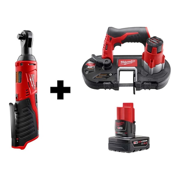 Milwaukee Tool M12 Cordless 3/8" Ratchet + M12 Sub-Compact Band Saw + M12 XC6.0 Battery 2457-20, 2429-20, 48-11-2460 - main
