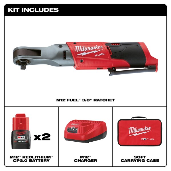 NEW Milwaukee M12 Cordless 3/8" Ratchet, 2457-20 Kit Charger & CP2.0 AH