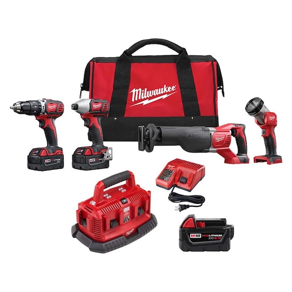 Milwaukee Tool M18 Cordless LI-ION 4-Tool Combo Kit + M18 Six Pack Sequential Charger + M18 XC5.0 Battery 2696-24, 48-59-1806, 48-11-1850 - main