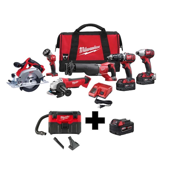 Milwaukee Tool M18 2-Gallon Wet/Dry Vacuum + M18 Cordless 6-Tool Combo Kit + M18 XC5.0 Battery 2696-26, 0880-20, 48-11-1850 - main