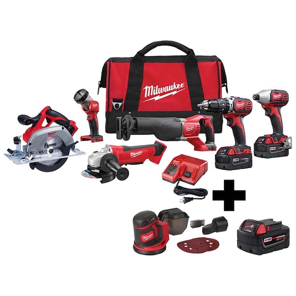 Milwaukee Tool M18 Cordless 6-Tool Combo Kit + M18 Random Orbit Sander + M18 XC5.0 Battery 2696-26, 2648-20, 48-11-1850 - main