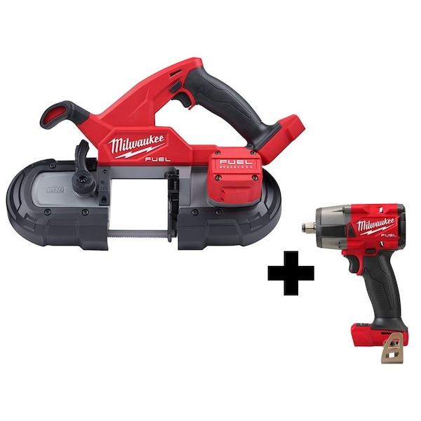 Milwaukee Tool M18 FUEL Compact Band Saw + M18 FUEL 1/2" Mid-Torque Impact Wrench w/ Friction Ring 2829-20, 2962-20 - main