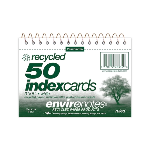 Roaring Spring Case of Spiral Bound Recycled Index Cards 3"x5", 50 CT pk, Narrow Ruled, Perforated, Blank on Back 28335cs - main