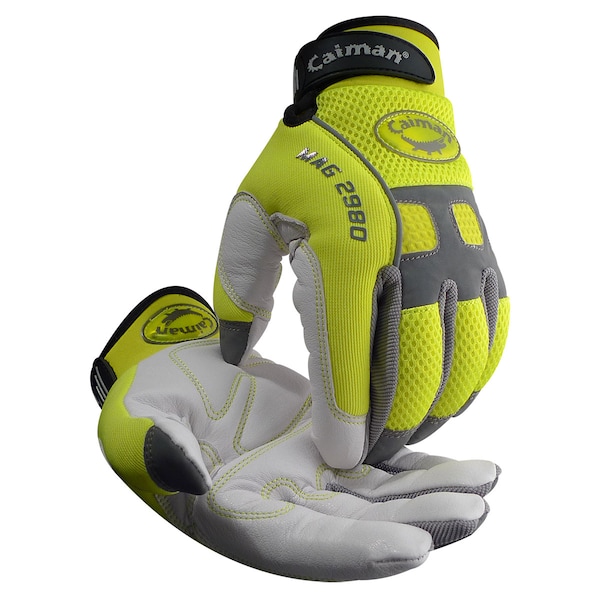 Caiman Hi-Vis Mechanics Gloves, Goat Grain Leather Palm, M, Yellow/White 2980-4 - main