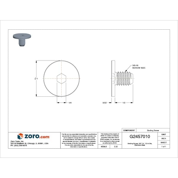 Zoro Select Binding Screw, 3/8