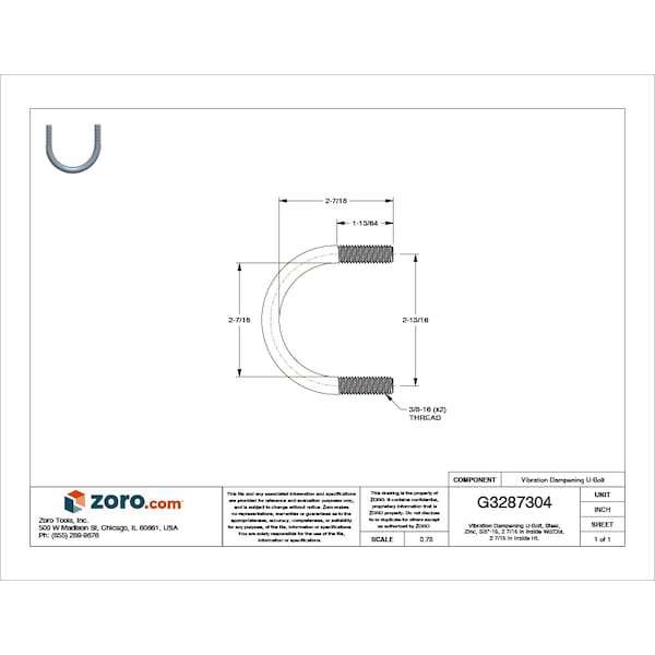 Zsi Vibration-Dampening U-Bolt, 3/8