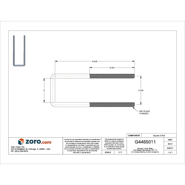 Zoro Select Square U-Bolt, 3/8