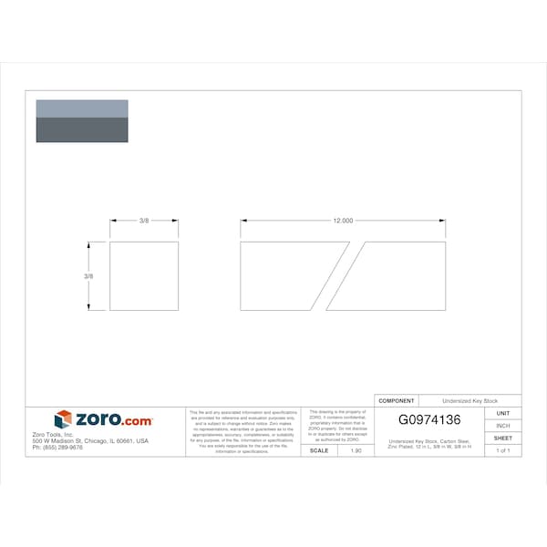 Zoro Select Undersized Key Stock, Carbon Steel, Zinc Plated