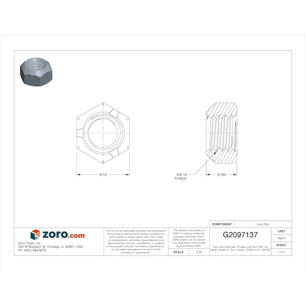 Zoro Select Top Lock Distorted Thread Lock Nut, 3/8
