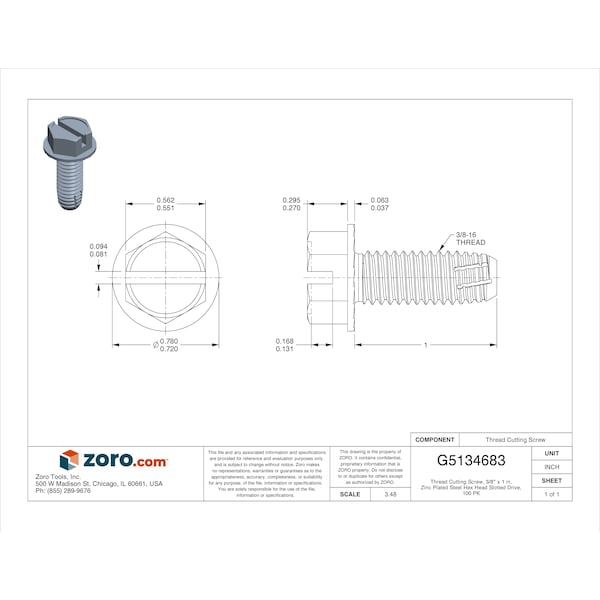 Zoro Select Thread Cutting Screw, 3/8
